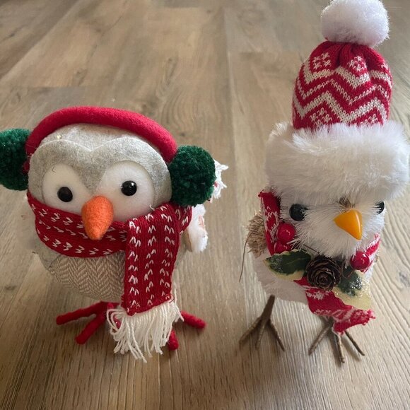 Ashland Featherly Fabric Set of 2 Birds Christmas Scarf Earmuffs Hat Figurines! - Picture 1 of 9